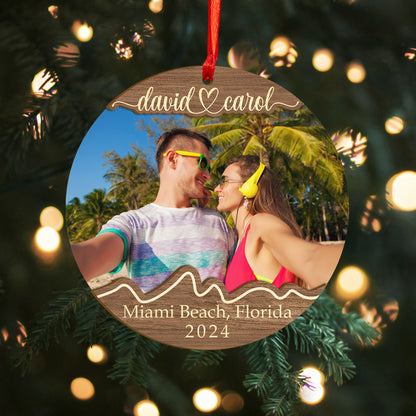 Custom Couple Photo Traveling Wood and Acrylic Ornament