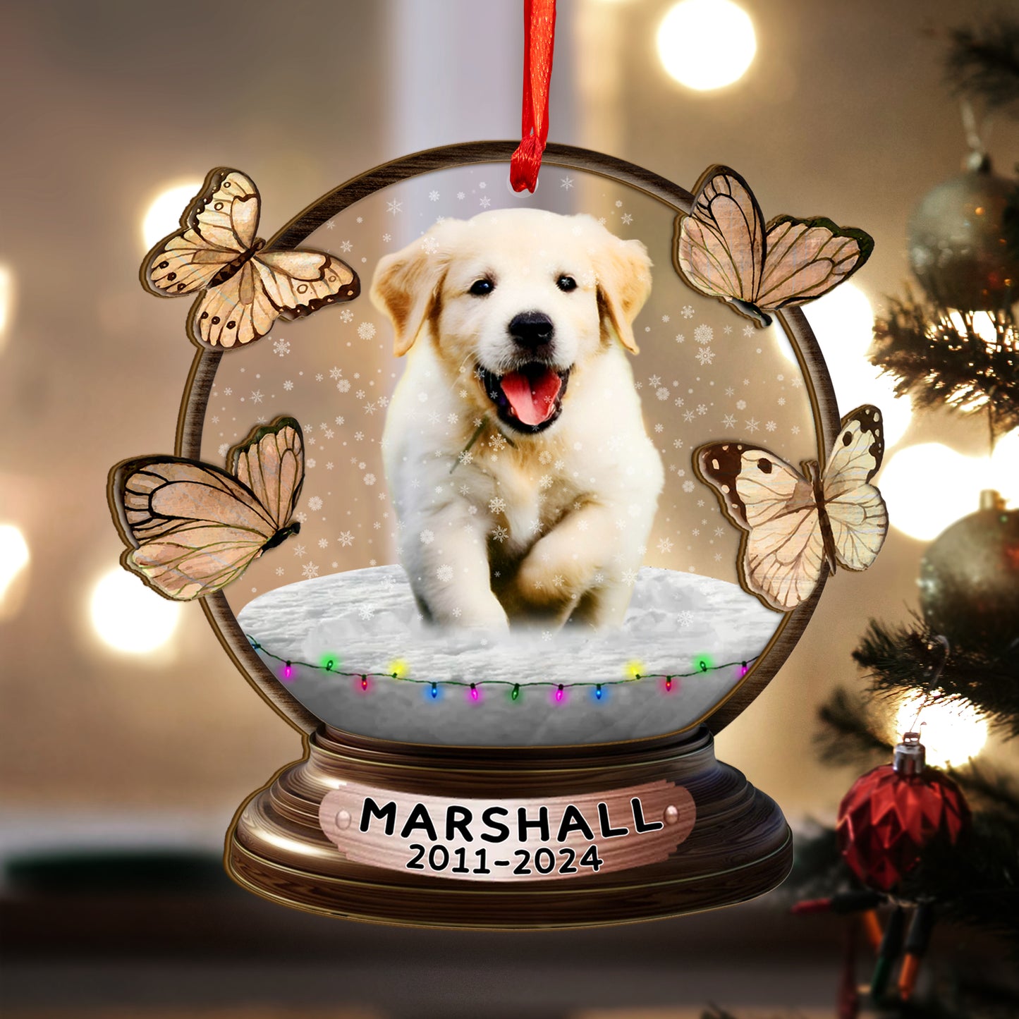 Custom Memorial Dog Photo Snowball Wood and Acrylic Ornament