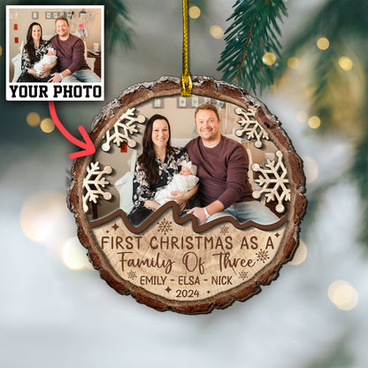 Custom Photo First Christmas As A Family Of Three 2-Layer Wood Ornament