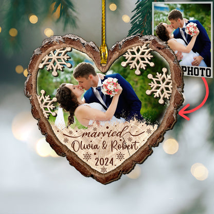 Custom Wedding Photo Heart Shape 2-Layer  Wood Slice Ornament