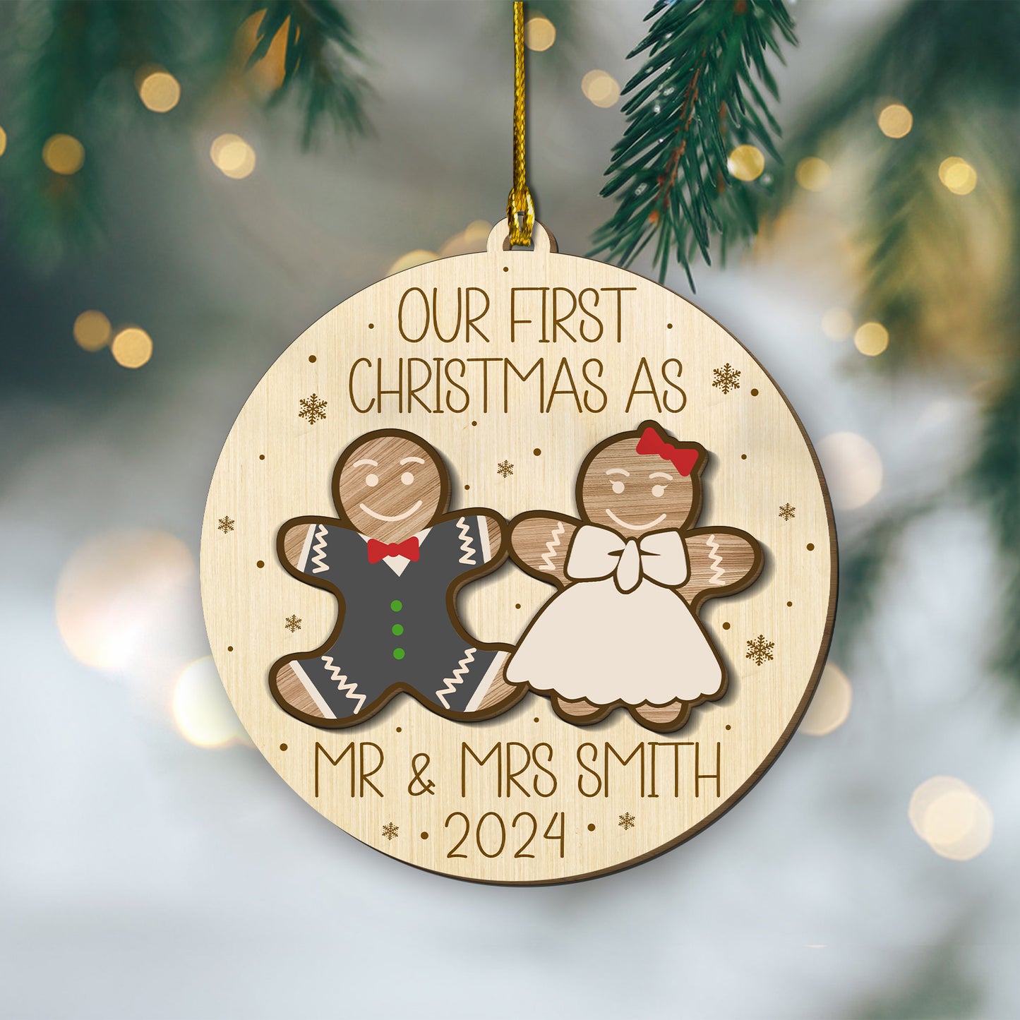 Custom Mr & Mrs Gingerbread 2-Layer Wood Ornament