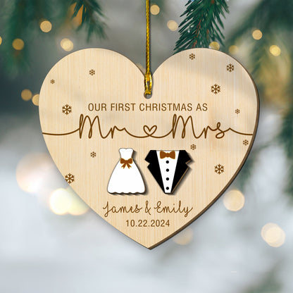 Custom Couple Name Our 1st Christmas As Mr And Mrs 2 Layers Wood Ornament