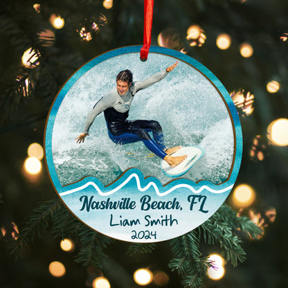 Custom Surfing Photo Wood and Acrylic Ornament