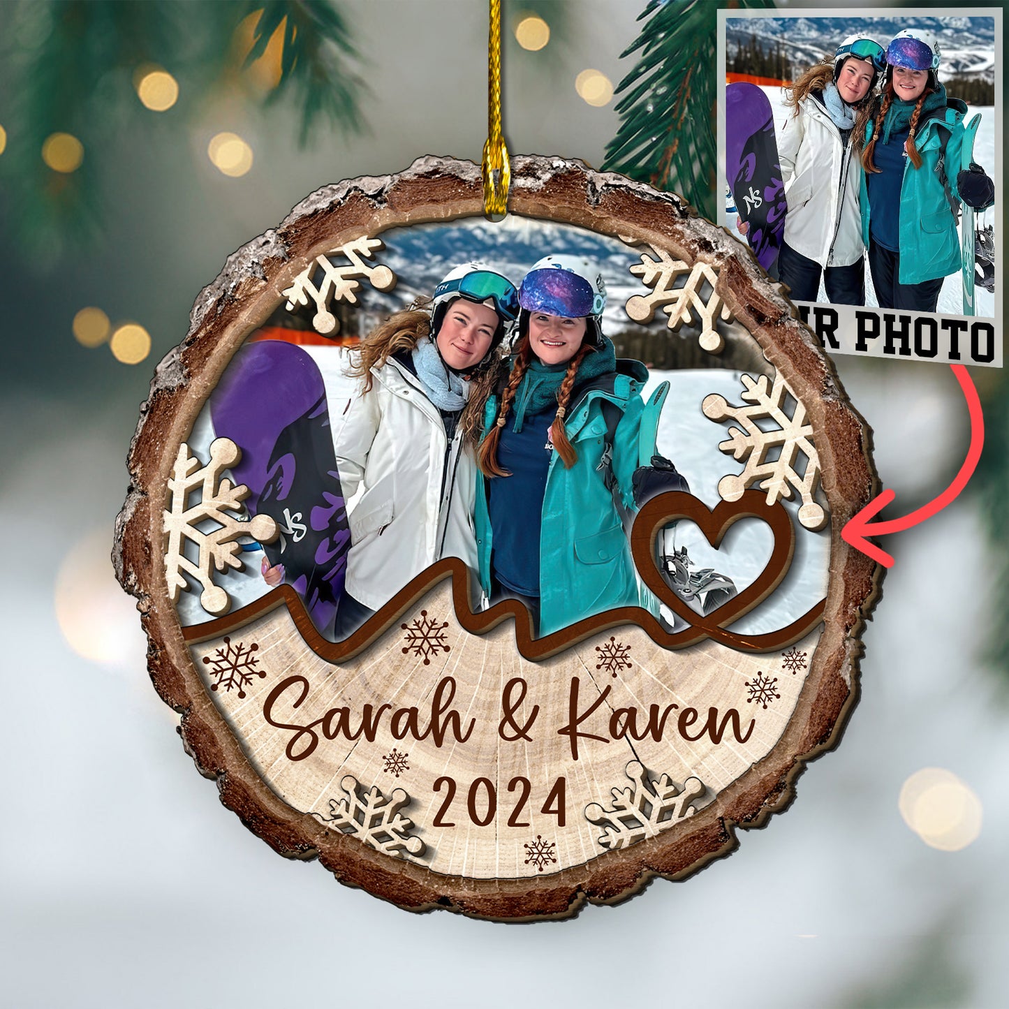 Custom Snow Boarding Photo 2-Layer Wood Ornament