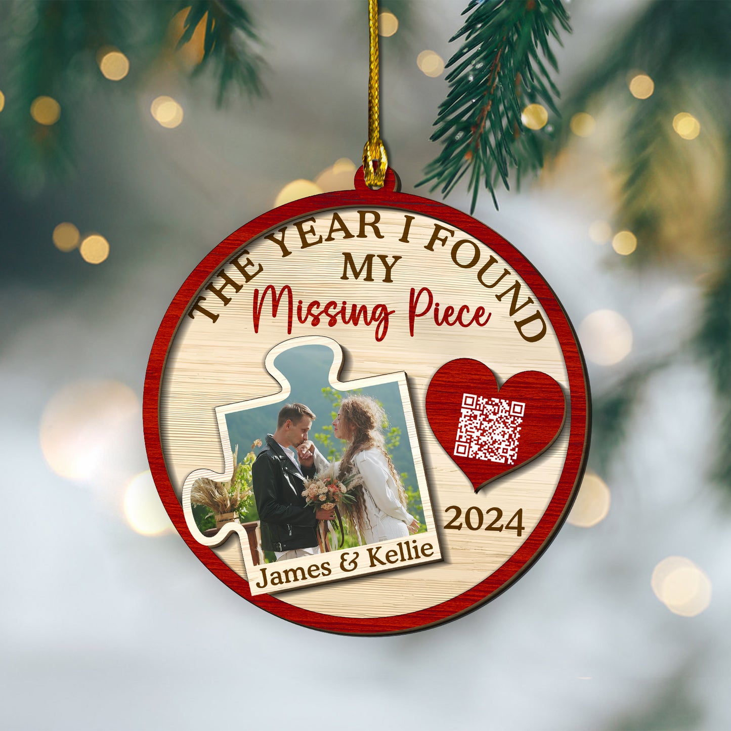 Custom Wedding Photo QR Code 2-Layer Wood Ornament