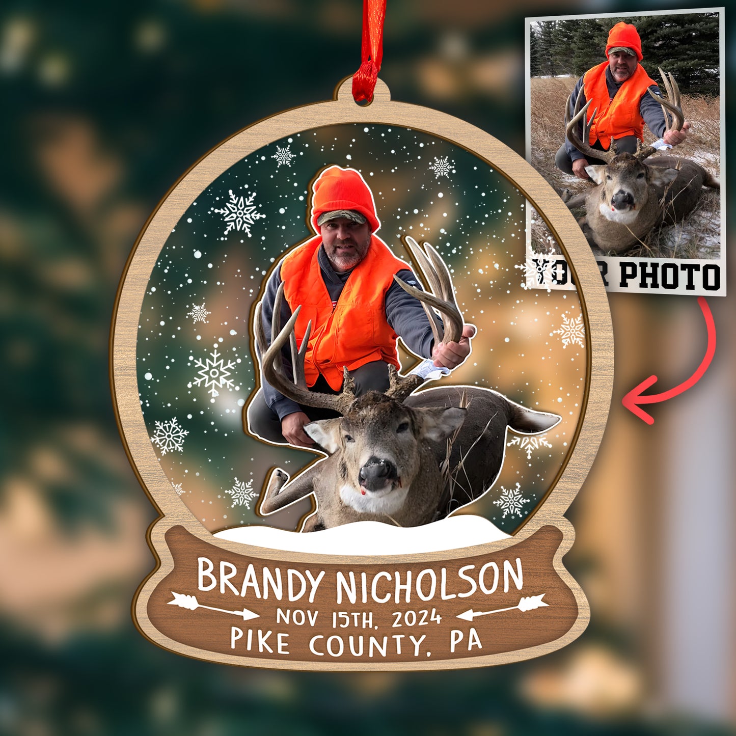 Custom Hunting Photo Snowball Wood and Acrylic Ornament