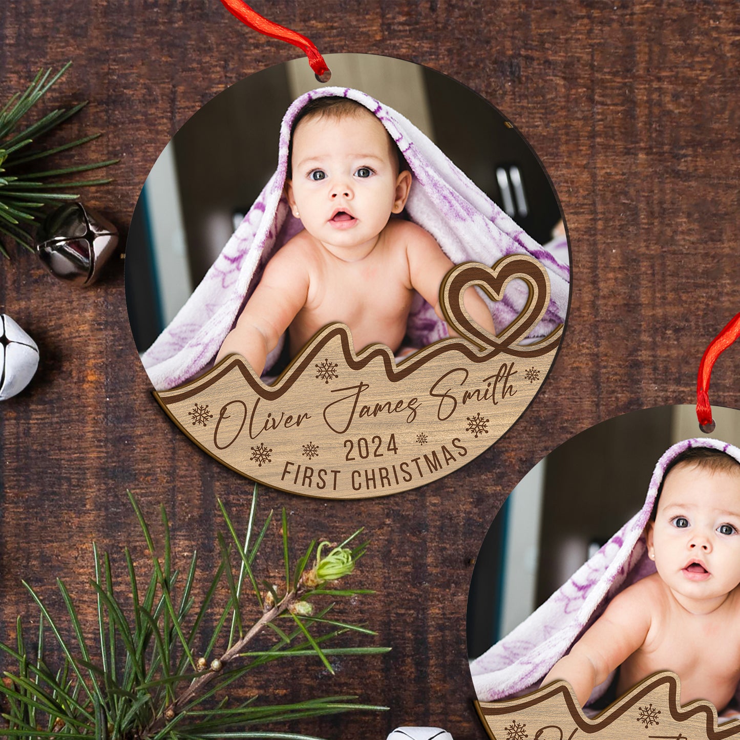 Custom Photo Baby First Christmas Wood and Acrylic Ornament