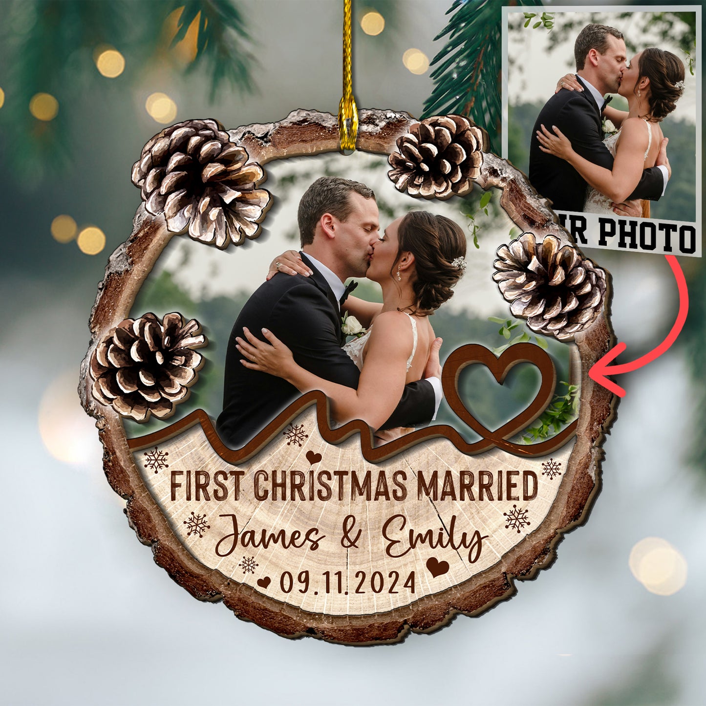 Custom Wedding Photo 2-Layer Wood Slice Ornament