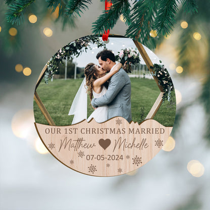 Custom Photo Our 1st Christmas Married Wood and Acrylic Ornament