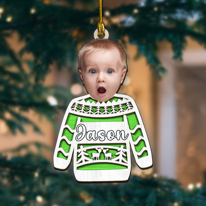 Custom Face Photo Funny Ugly Sweater 2-Layer Wood Ornament