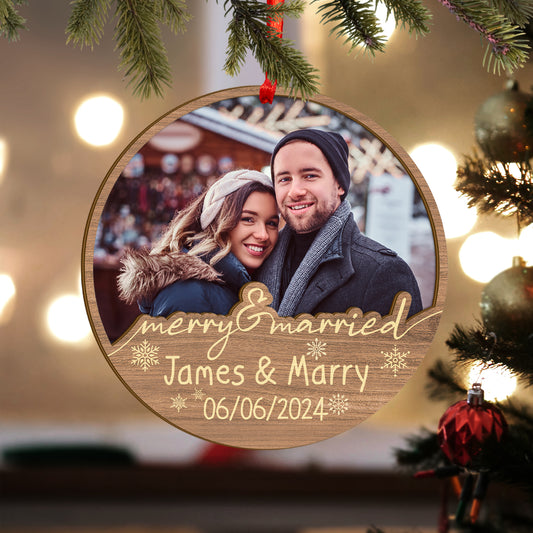 Custom Photo Merry and Married Couple Wood and Acrylic Ornament