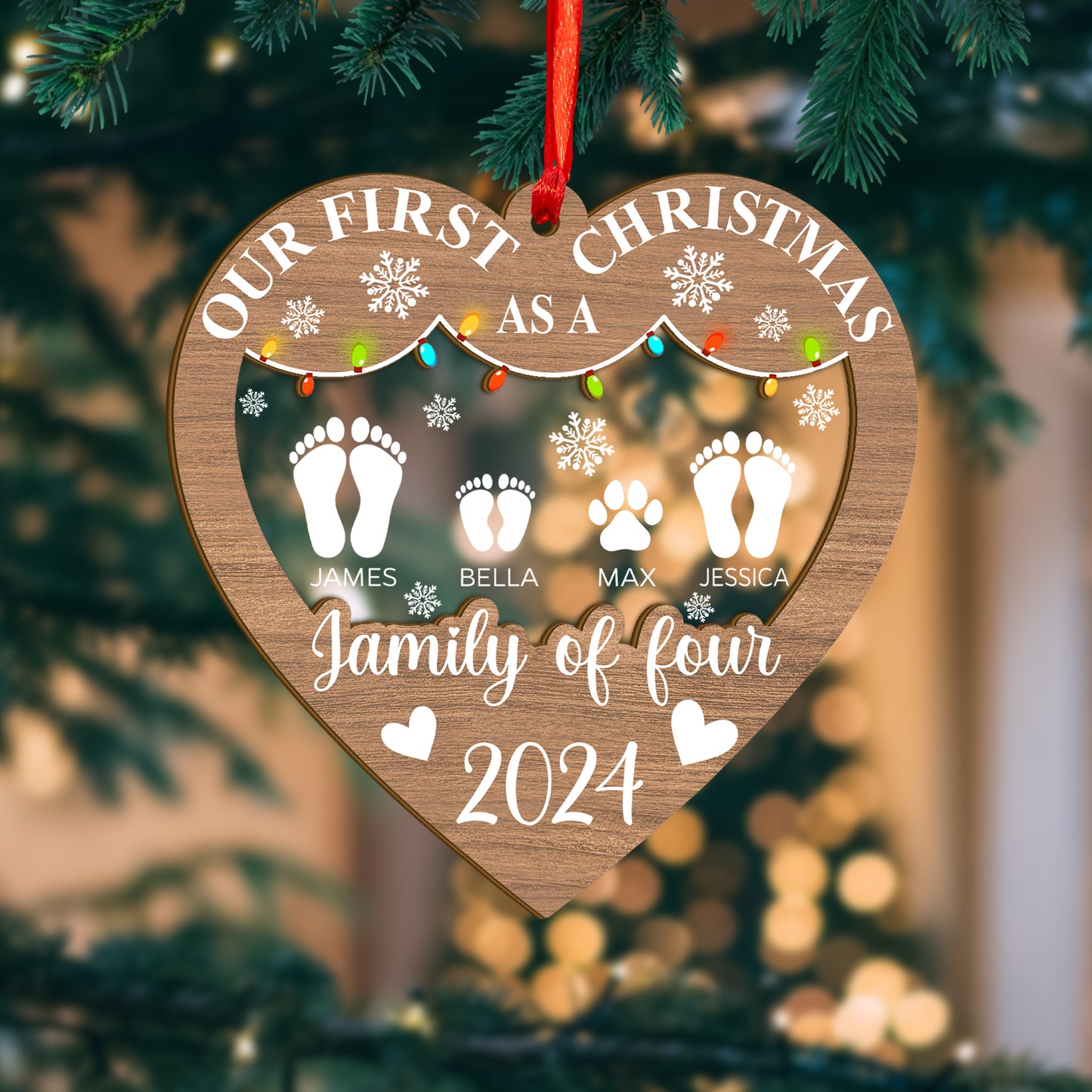 Custom First Christmas As A Family  of 3,4,5 Footprints Wood and Acrylic Ornament