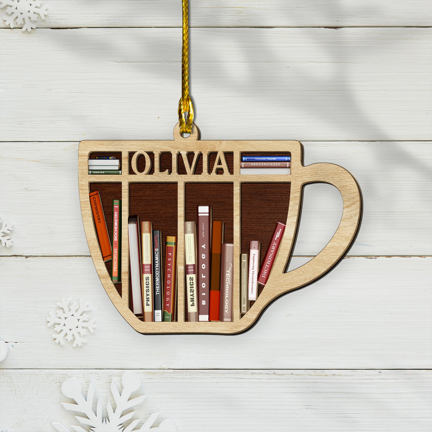 Custom Name Books Coffee Cup 2-Layer Wood Ornament