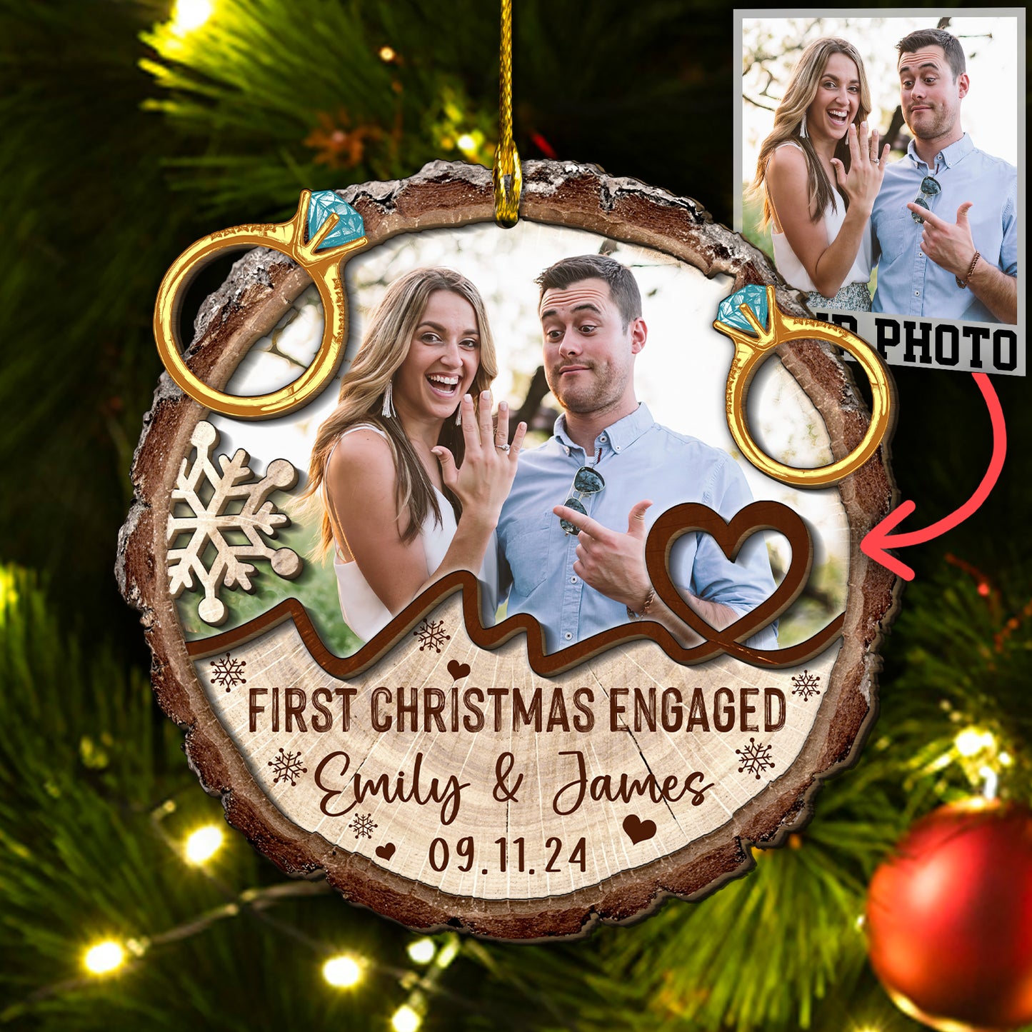 Custom Engaged Couple Photo with Rings 2-Layer Wood Slice Ornament