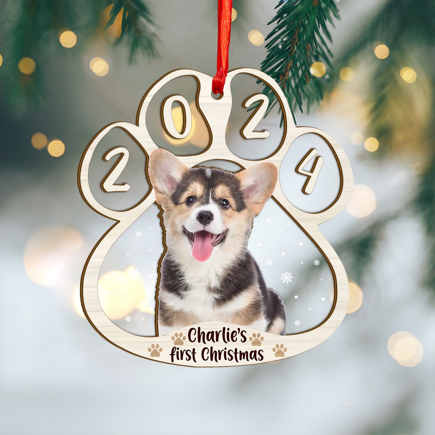 Custom Photo Dog First Christmas Wood and Acrylic Ornament