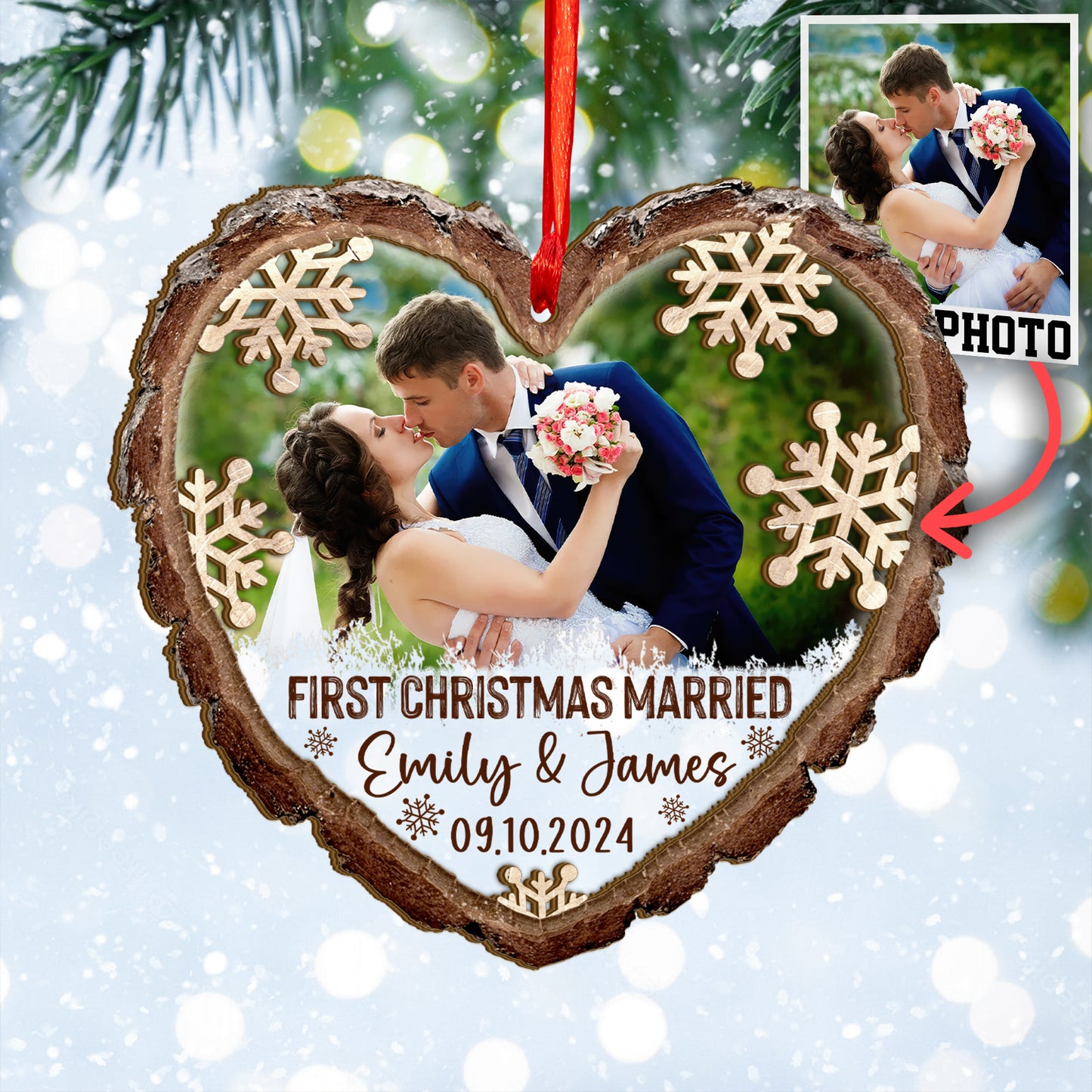 Custom Wedding Photo Heart Shape Wood and Acrylic Ornament