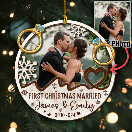 Custom Couple Married Photo with Rings 2-Layer Wood Slice Ornament