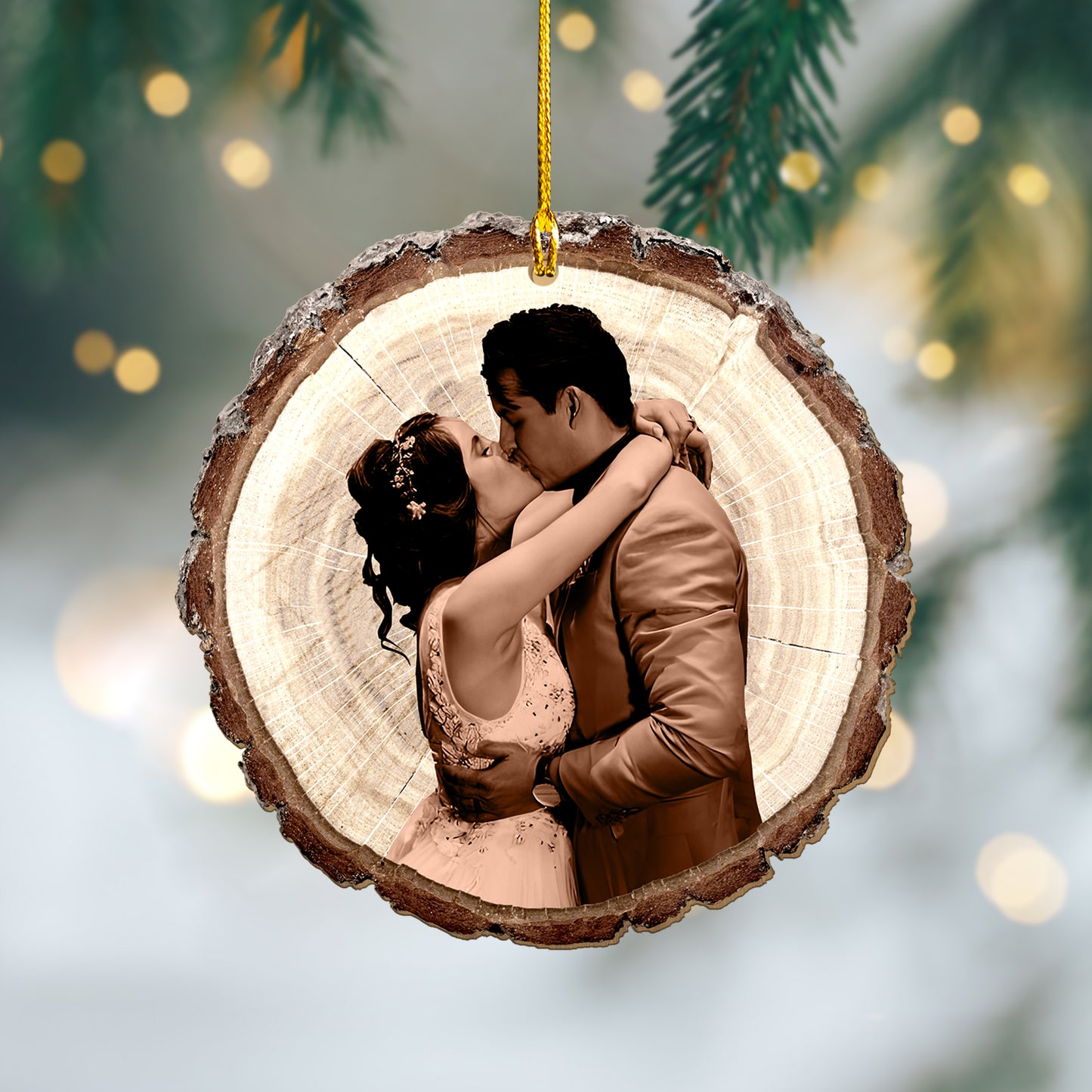 Custom Photo Couple Sketch Art  Wood Slice Ornament