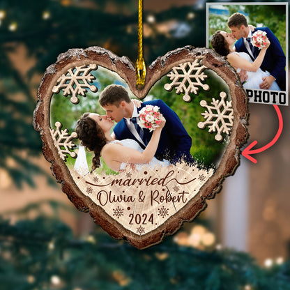 Custom Wedding Photo Heart Shape 2-Layer  Wood Slice Ornament