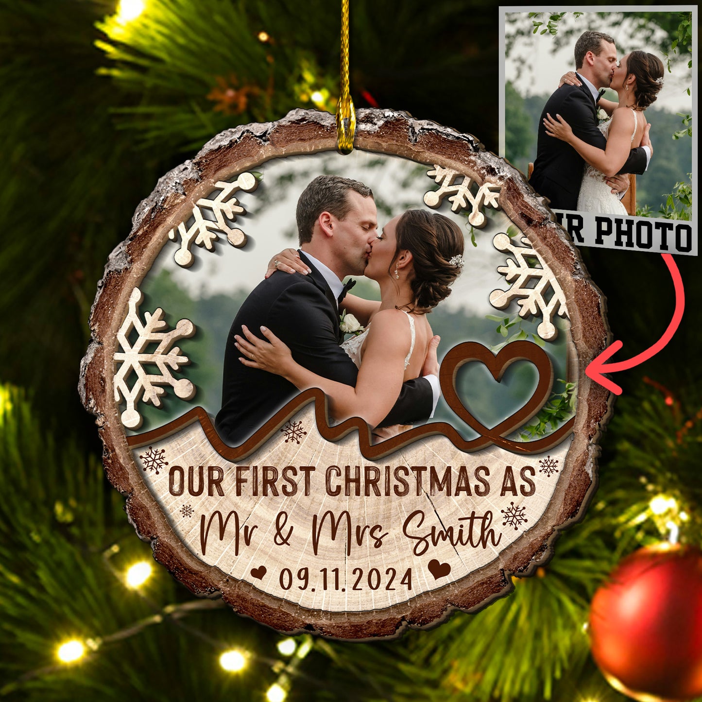 Custom Wedding Photo 2-Layer Wood Slice Ornament