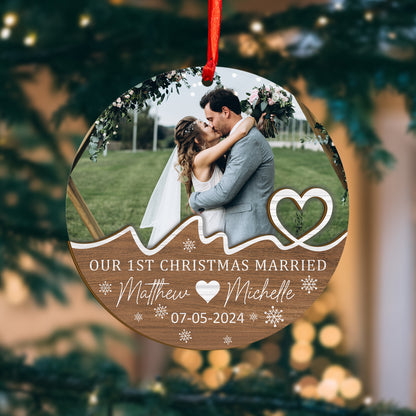 Custom Photo First Christmas Married Wood and Acrylic Ornament