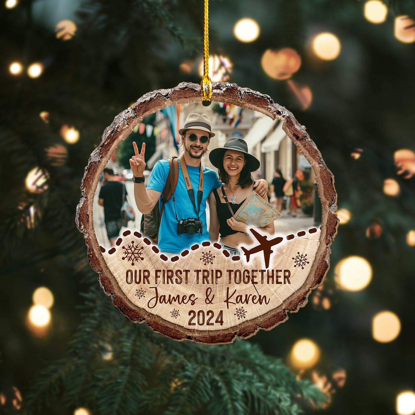 Custom Couple Travel Wood Slice Ornament