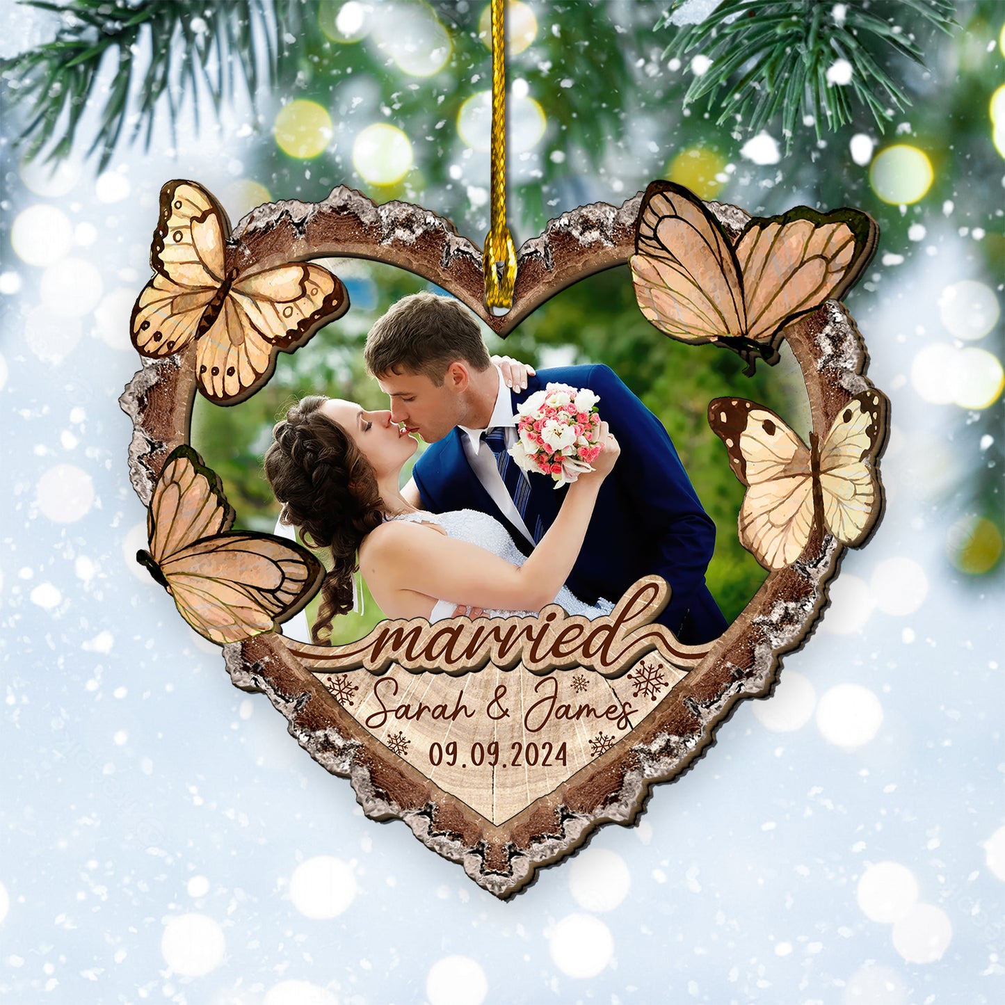 Custom Wedding Photo Heart Shape 2-Layers Wood Slice Ornament