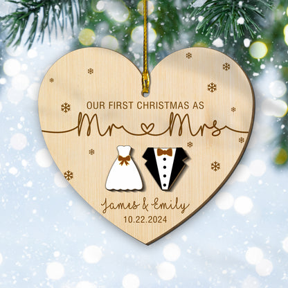 Custom Couple Name Our 1st Christmas As Mr And Mrs 2 Layers Wood Ornament