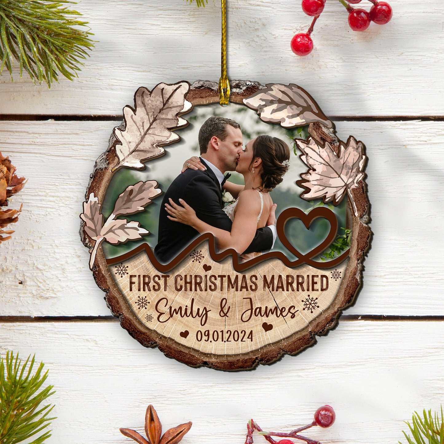 Custom Wedding Photo 2-Layers Wood Slice Ornament