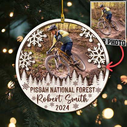 Custom Mountain Biking Photo 2-Layer Wood Ornament