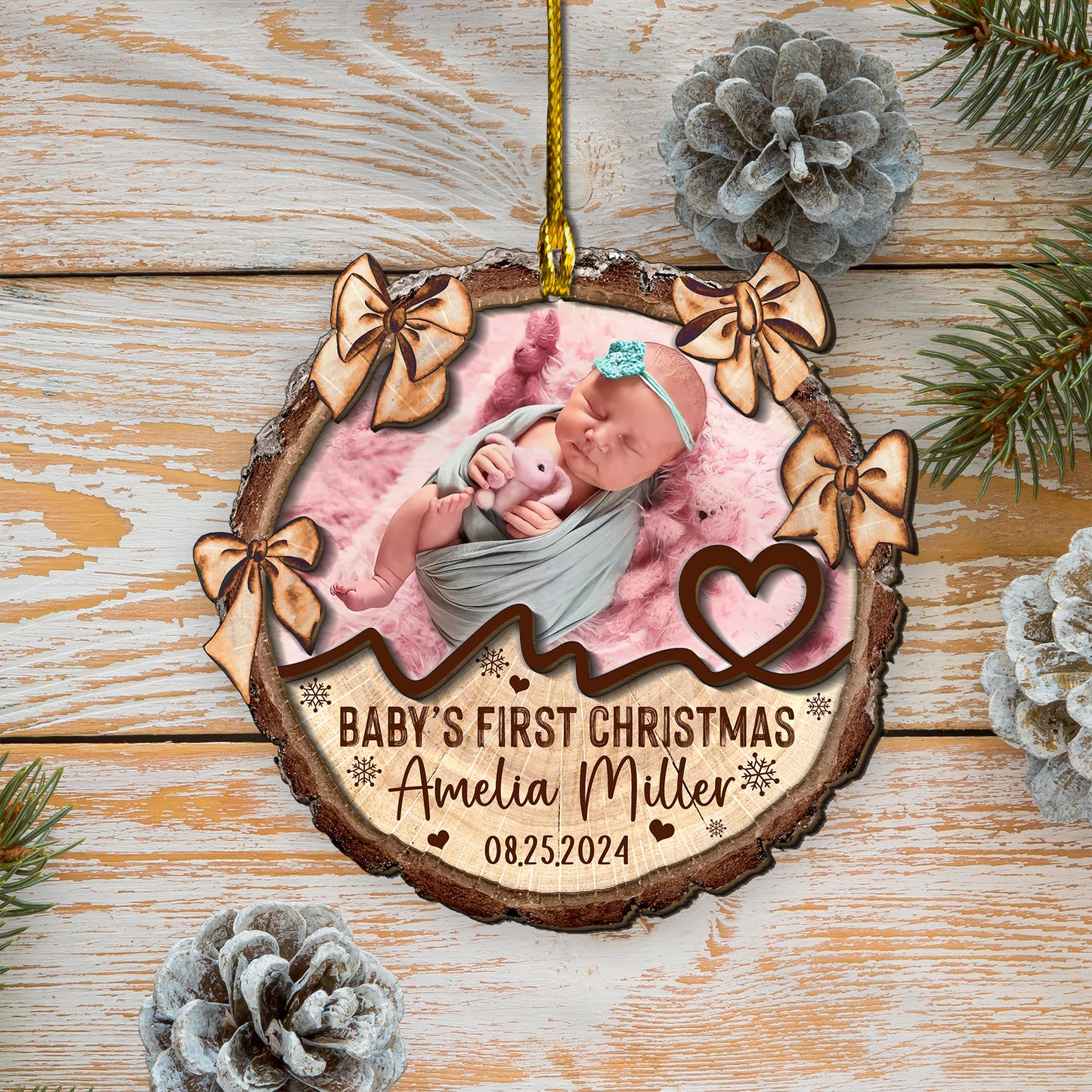 Custom Baby Photo Tie Bow 2-Layer Wood Ornament