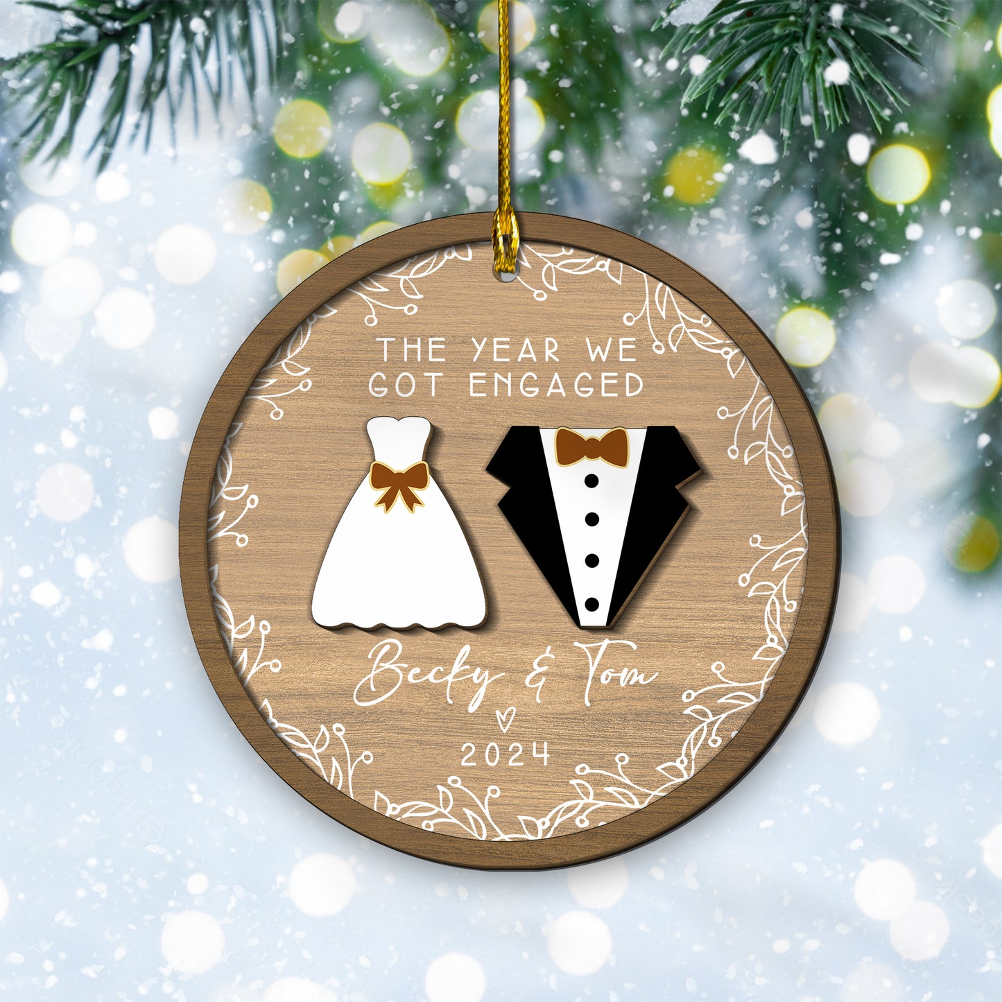 Custom Engaged Couple 2-Layers Wood Ornament