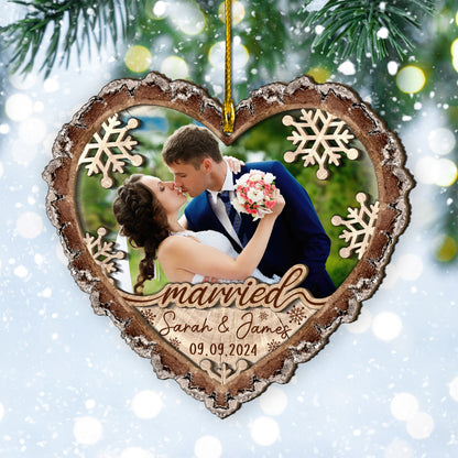 Custom Wedding Photo Heart Shape 2-Layer  Wood Slice Ornament