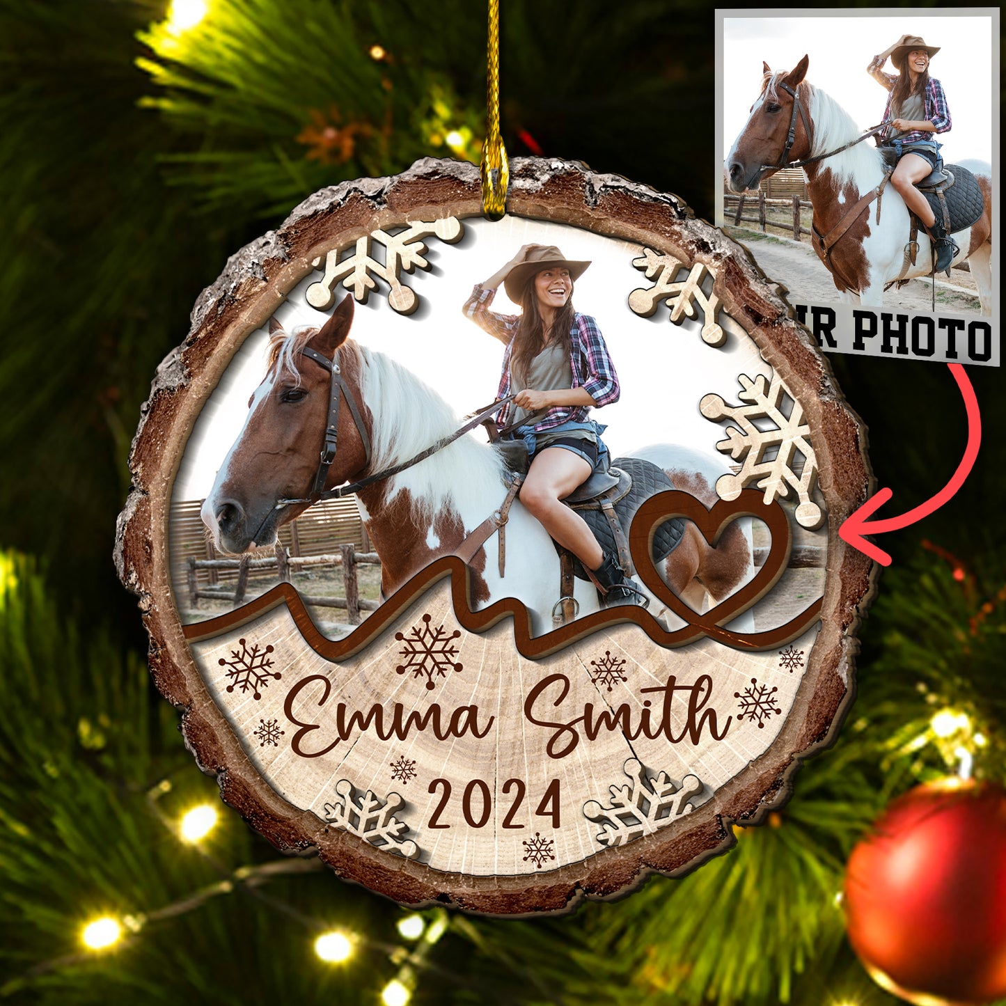 Custom Horse Riding Photo 2-Layers Wood Slice Ornament