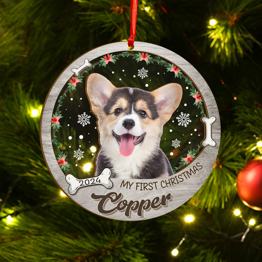 Custom Photo Dog First Christmas Wood and Acrylic Ornament