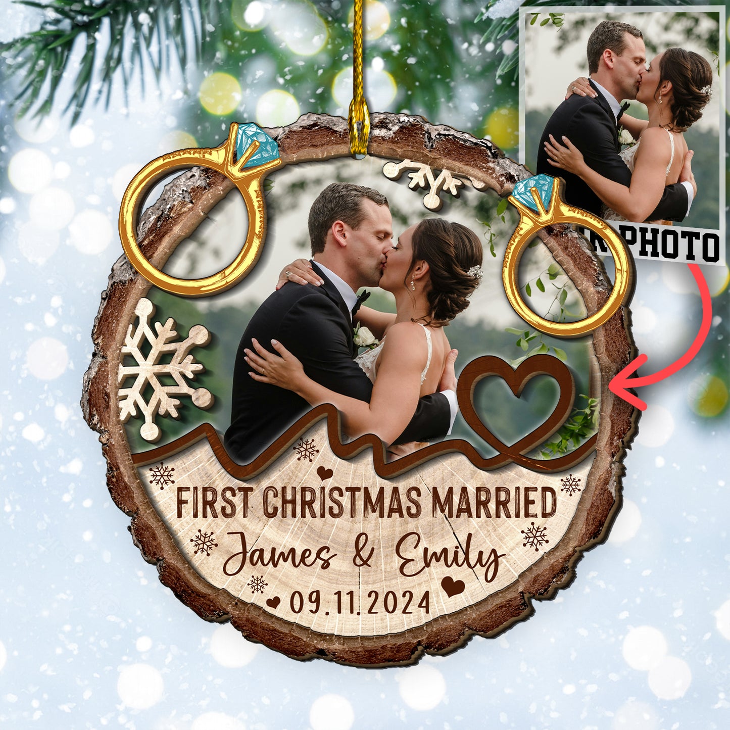 Custom Wedding Photo 2-Layers Wood Slice Ornament