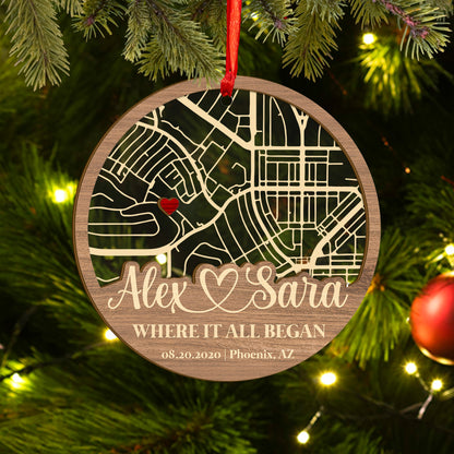 Custom Map Our First Date Wood and Acrylic Ornament