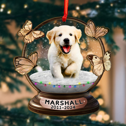 Custom Memorial Dog Photo Snowball Wood and Acrylic Ornament