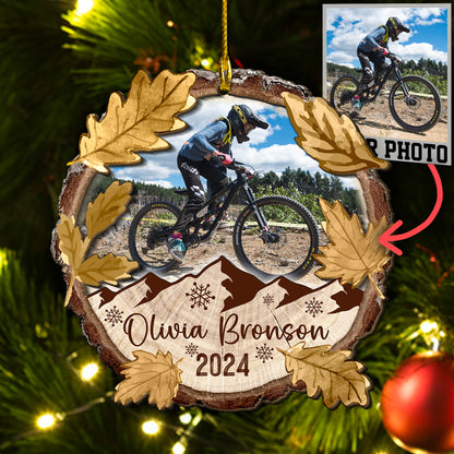 Custom Mountain Biking Photo 2-Layer Wood Slice Ornament