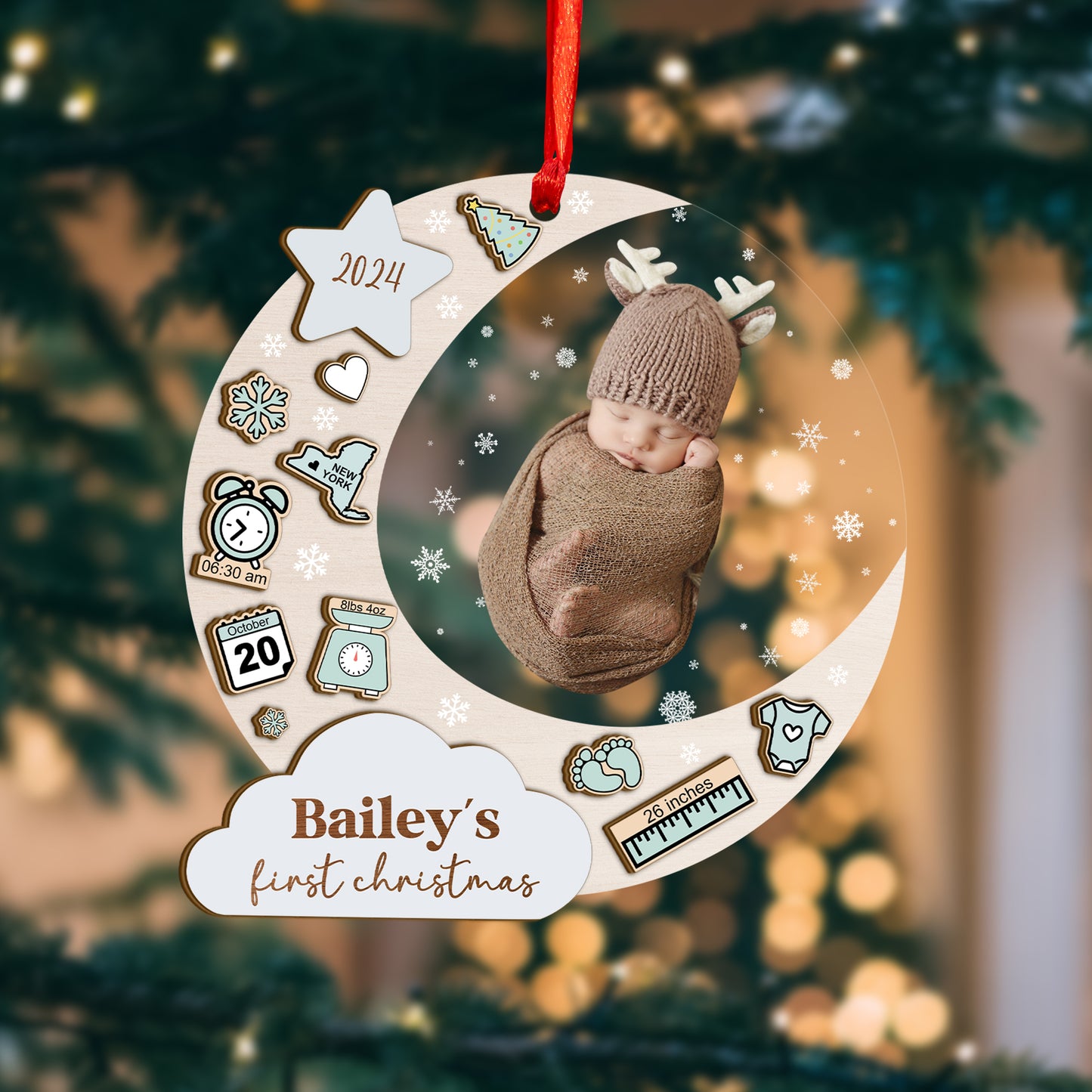 Custom Photo Baby Stats Moon Wood and Acrylic Ornament