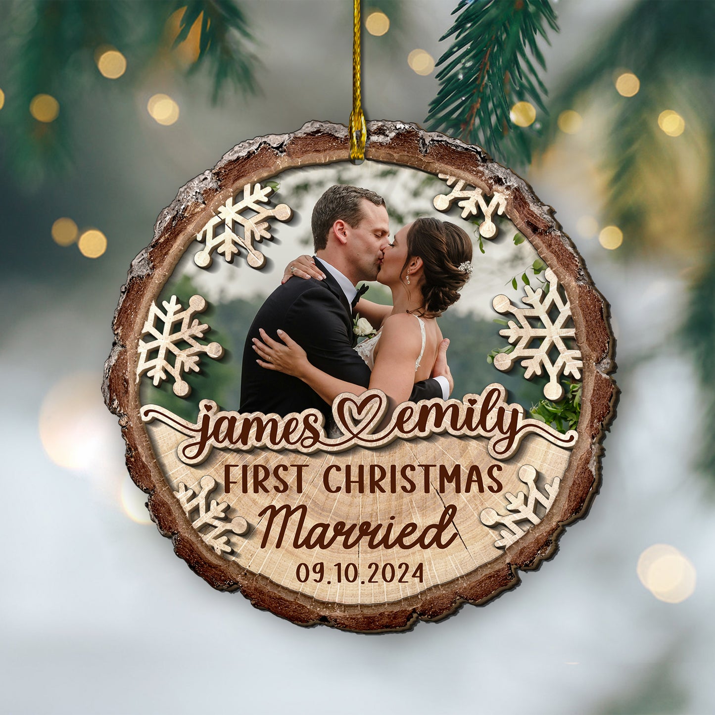 Custom Wedding Photo 2-Layer Wood Slice Ornament