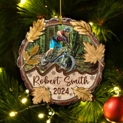 Custom Photo Mountain Biking 2-Layer Wood Slice Ornament