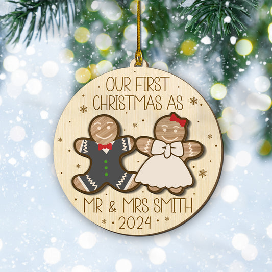 Custom Mr & Mrs Gingerbread 2-Layer Wood Ornament