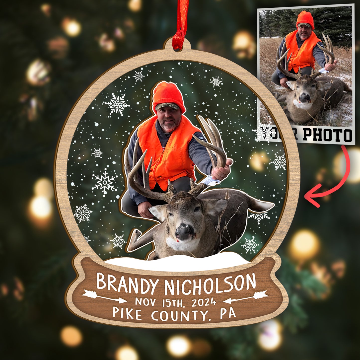 Custom Hunting Photo Snowball Wood and Acrylic Ornament