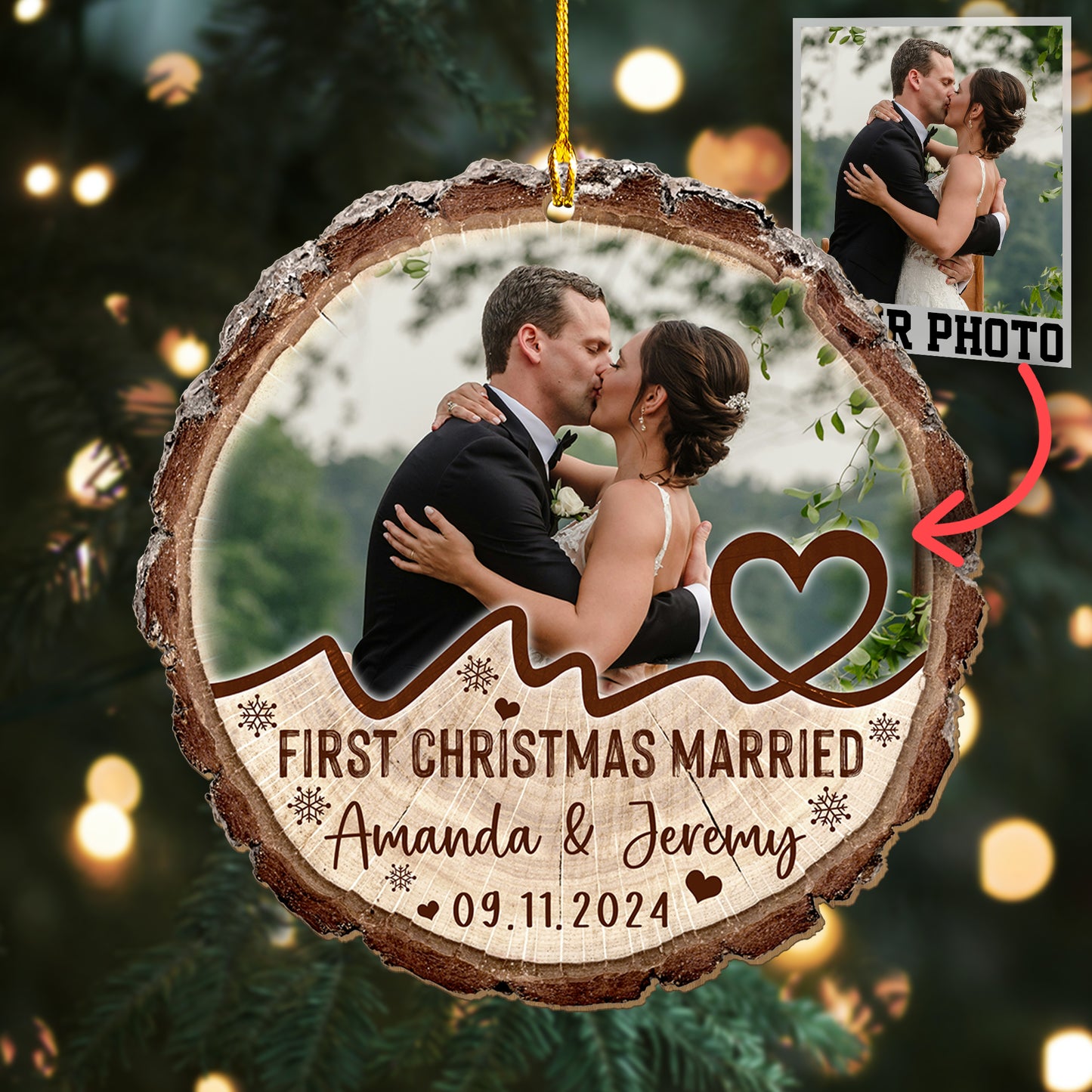 Custom Wedding Photo Wood Slice Ornament