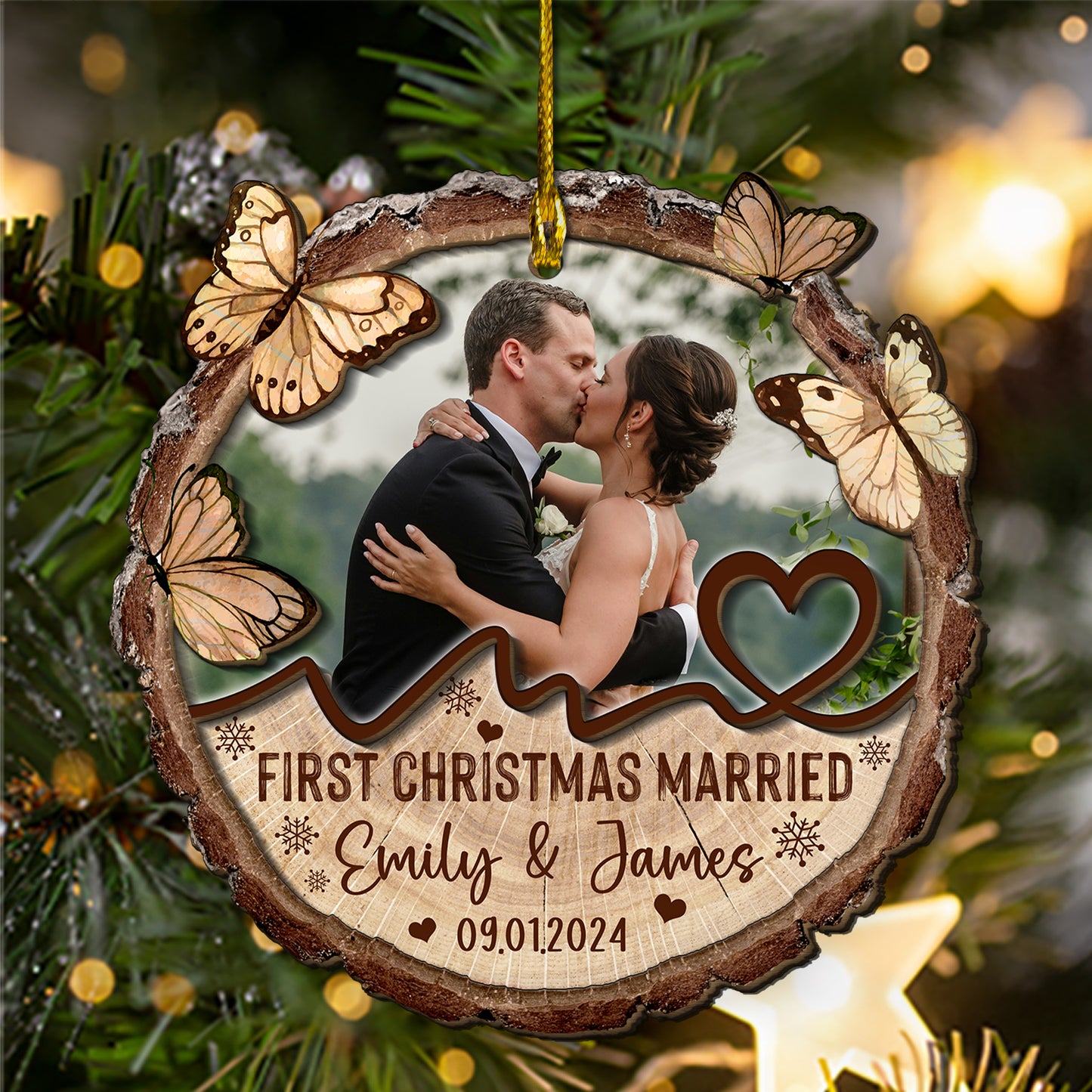 Custom Wedding Photo 2-Layer Wood Slice Ornament