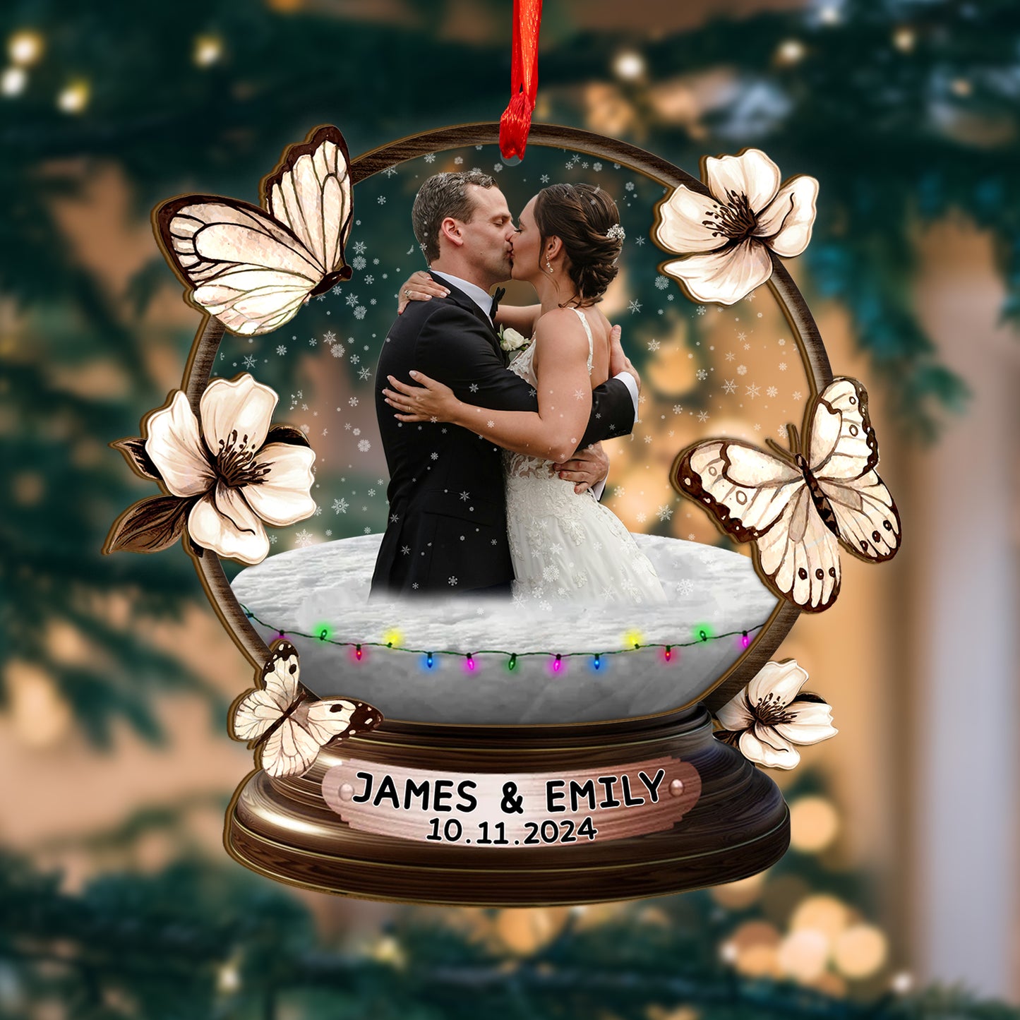 Custom Wedding Photo Snowball Wood and Acrylic Ornament