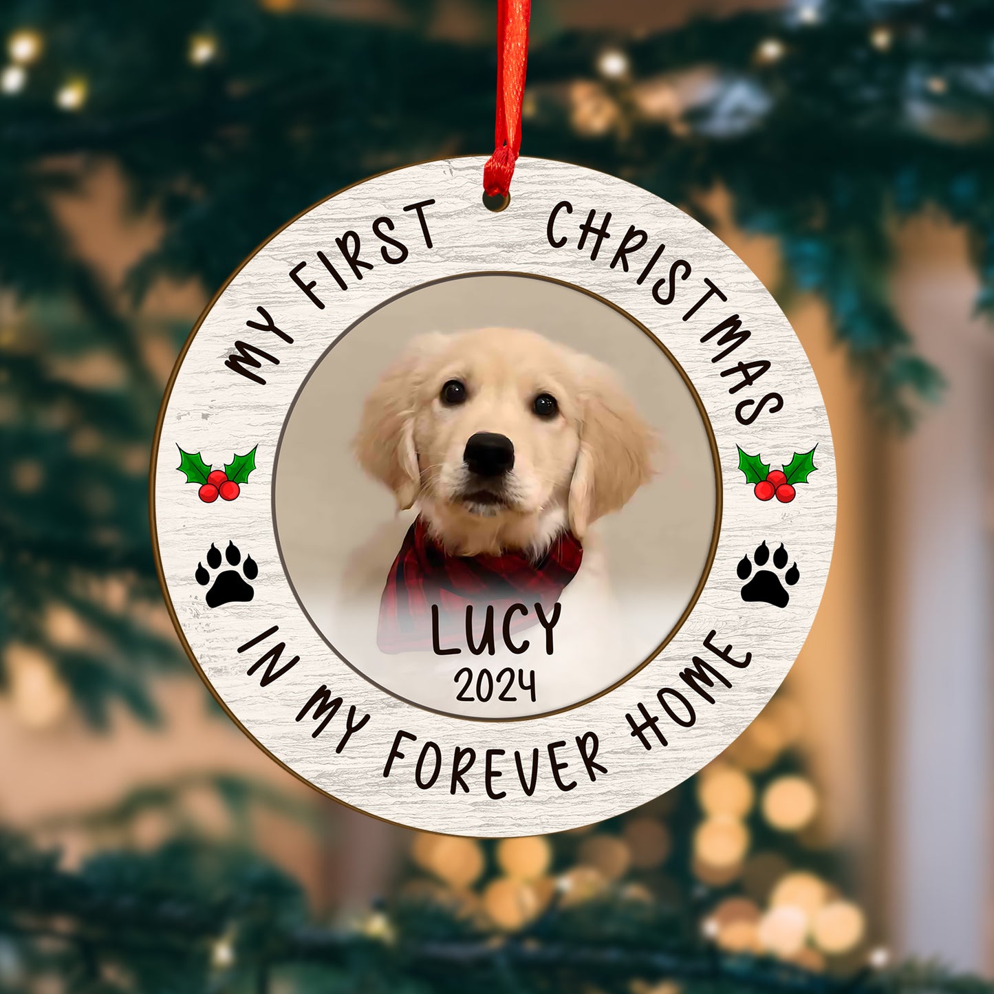 Custom Photo Dog First Christmas Wood and Acrylic Ornament