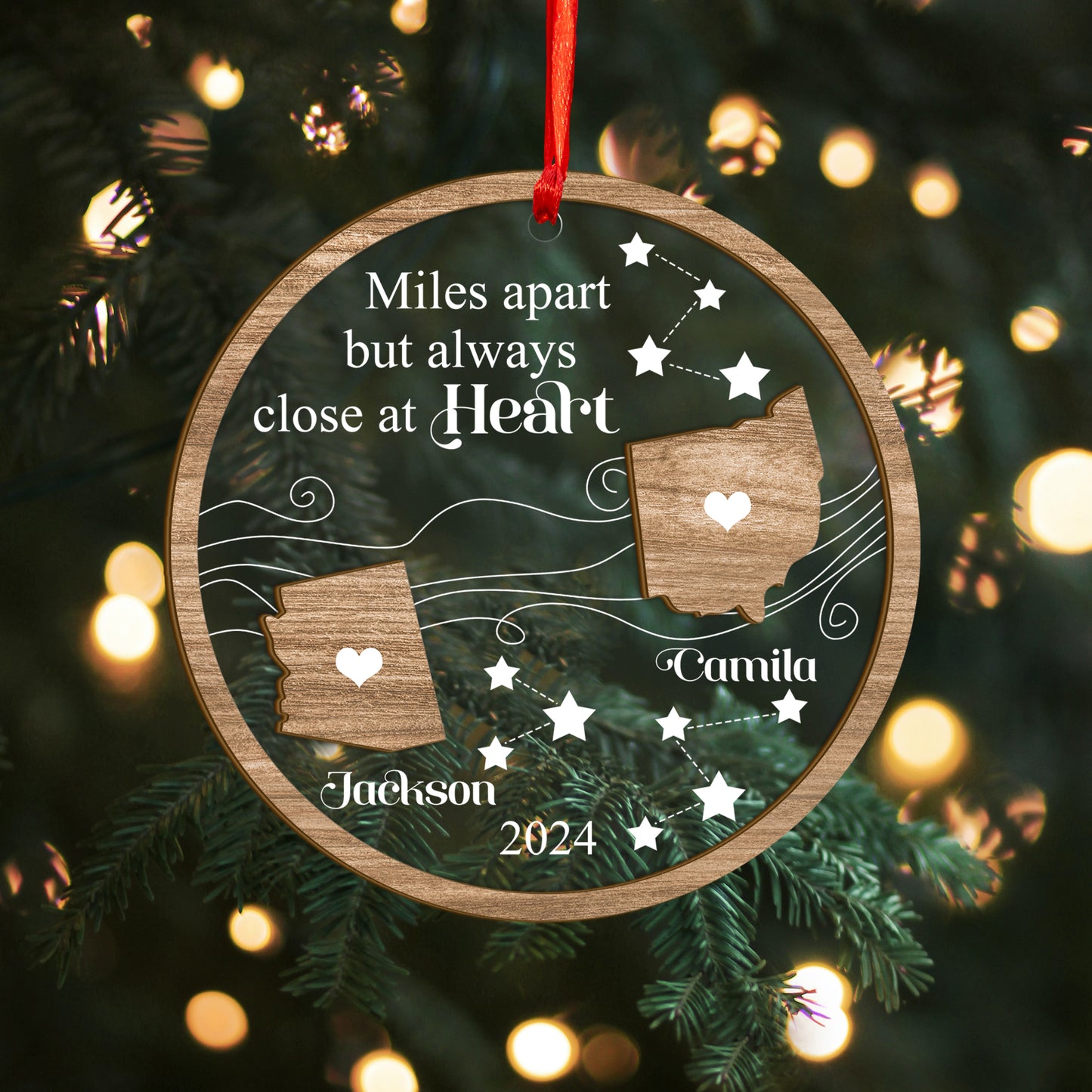 Custom Long Distance Relationship Wood and Acrylic Ornament