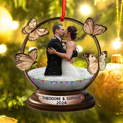 Custom Wedding Photo Butterfly Snowball Wood and Acrylic Ornament